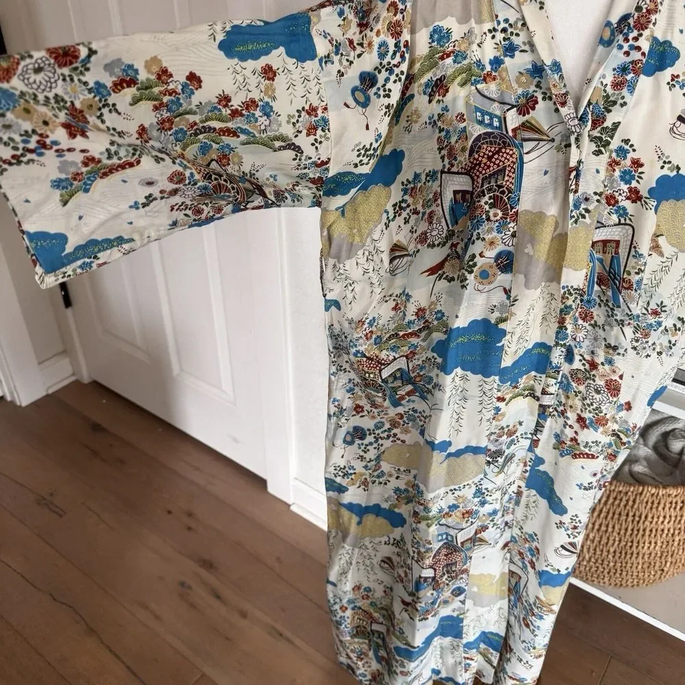 Vintage 60s 70s Floral Artsy Kimono‎ Nightgown Robe Snap Button Handmade? Sz M